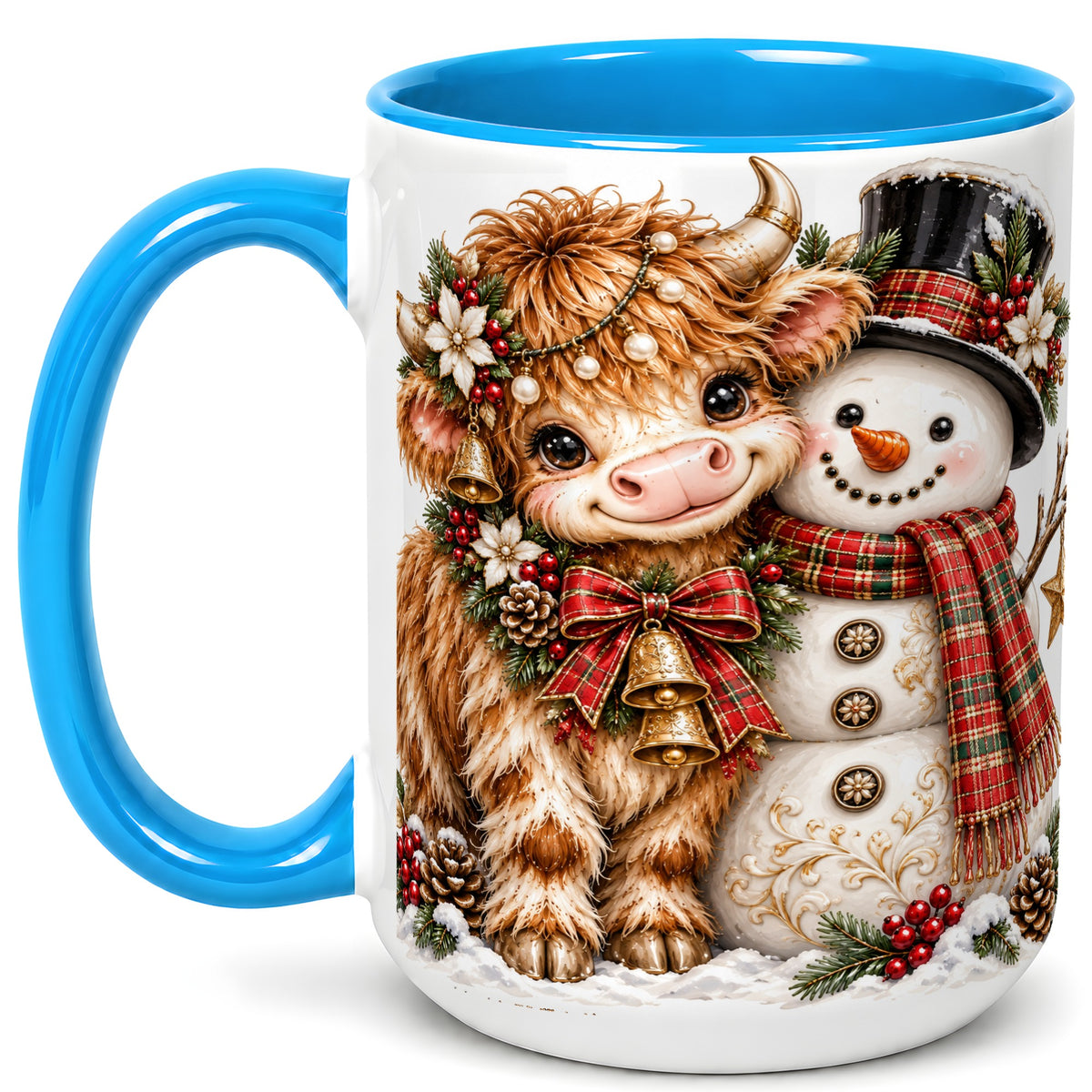 #pl[15oz|Blue] Christmas Highland Cow Coffee Mug, Bell Snowman Mug, Ceramic Cup