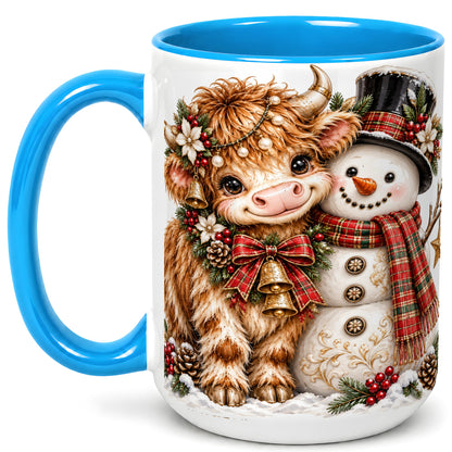 #pl[15oz|Blue] Christmas Highland Cow Coffee Mug, Bell Snowman Mug, Ceramic Cup