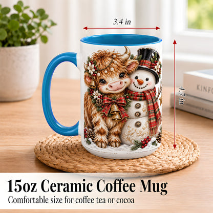 #pl[15oz|Blue] Christmas Highland Cow Coffee Mug, Bell Snowman Mug, Ceramic Cup
