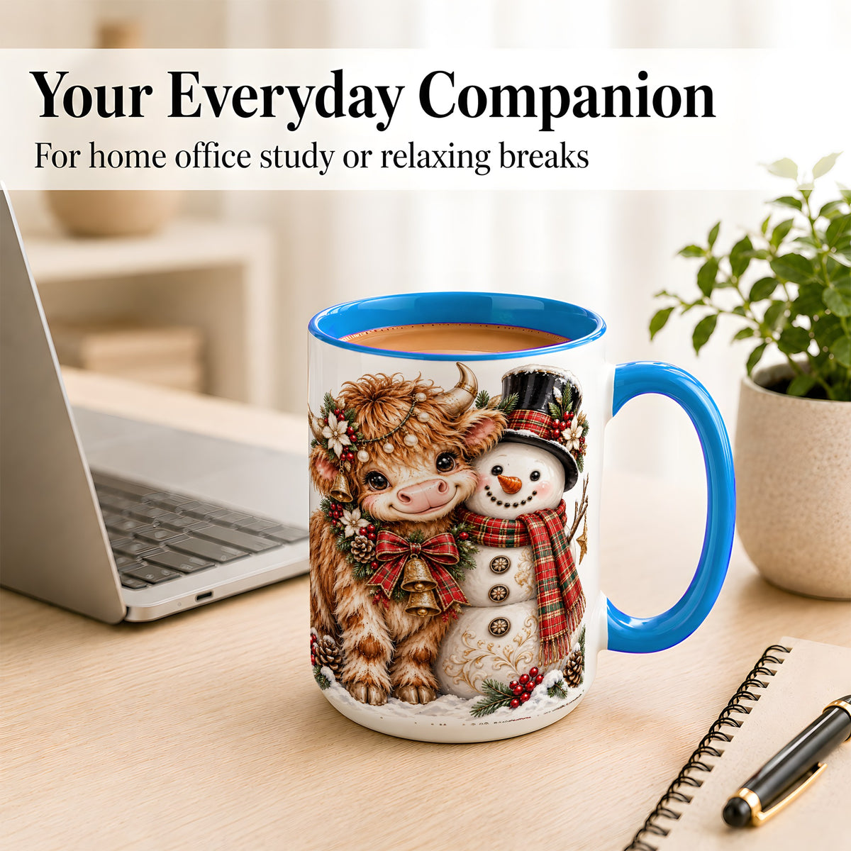 #pl[15oz|Blue] Christmas Highland Cow Coffee Mug, Bell Snowman Mug, Ceramic Cup