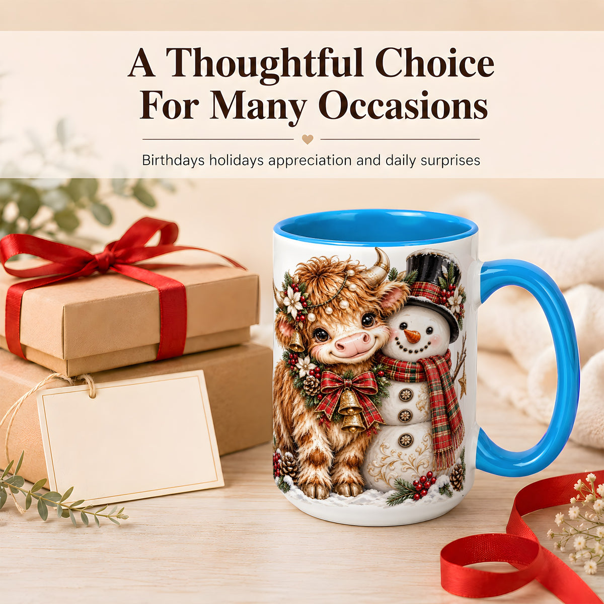 #pl[15oz|Blue] Christmas Highland Cow Coffee Mug, Bell Snowman Mug, Ceramic Cup