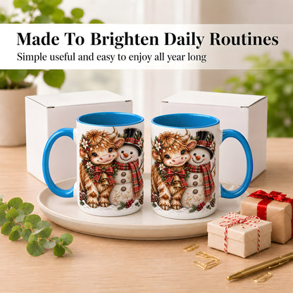 #pl[15oz|Blue] Christmas Highland Cow Coffee Mug, Bell Snowman Mug, Ceramic Cup