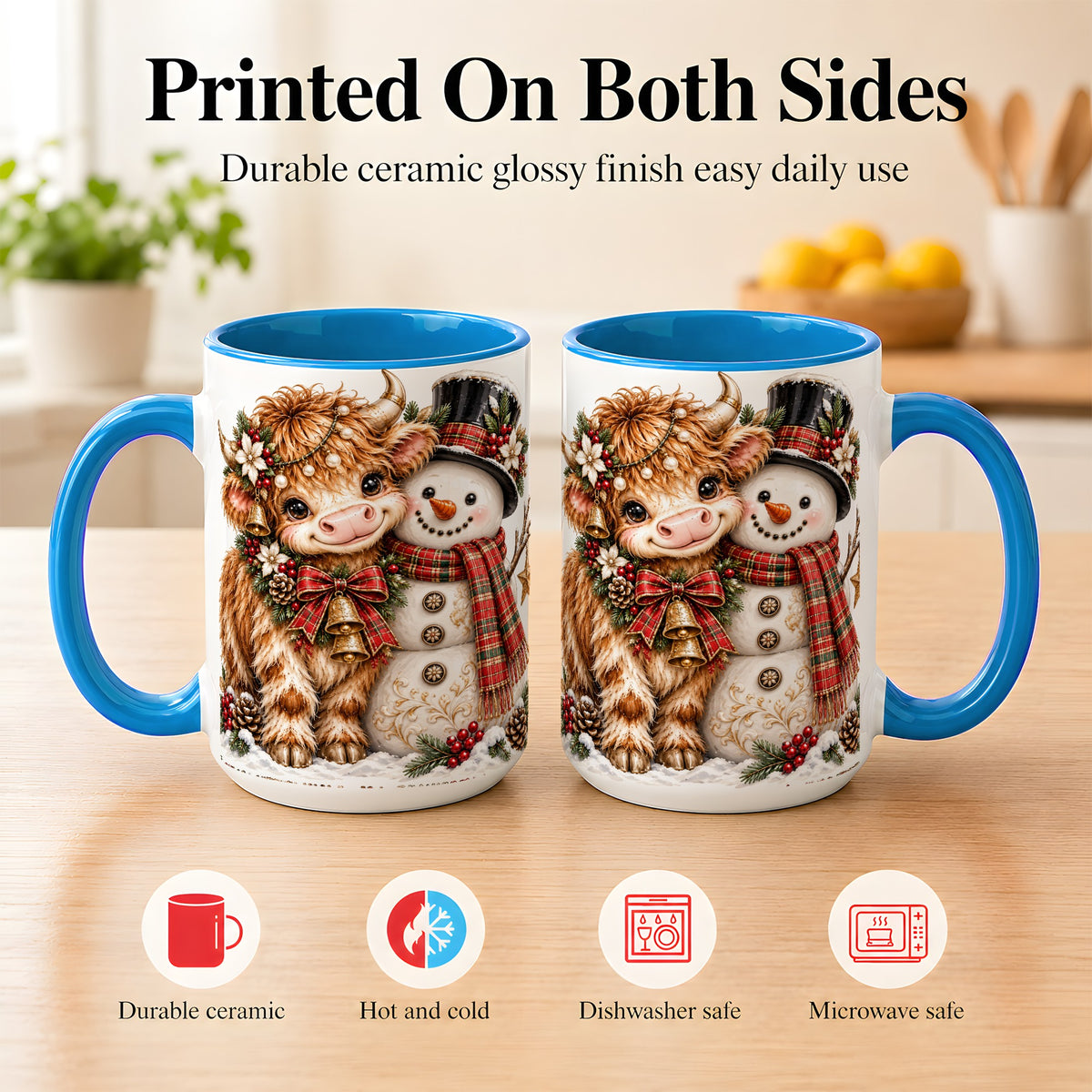 #pl[15oz|Blue] Christmas Highland Cow Coffee Mug, Bell Snowman Mug, Ceramic Cup