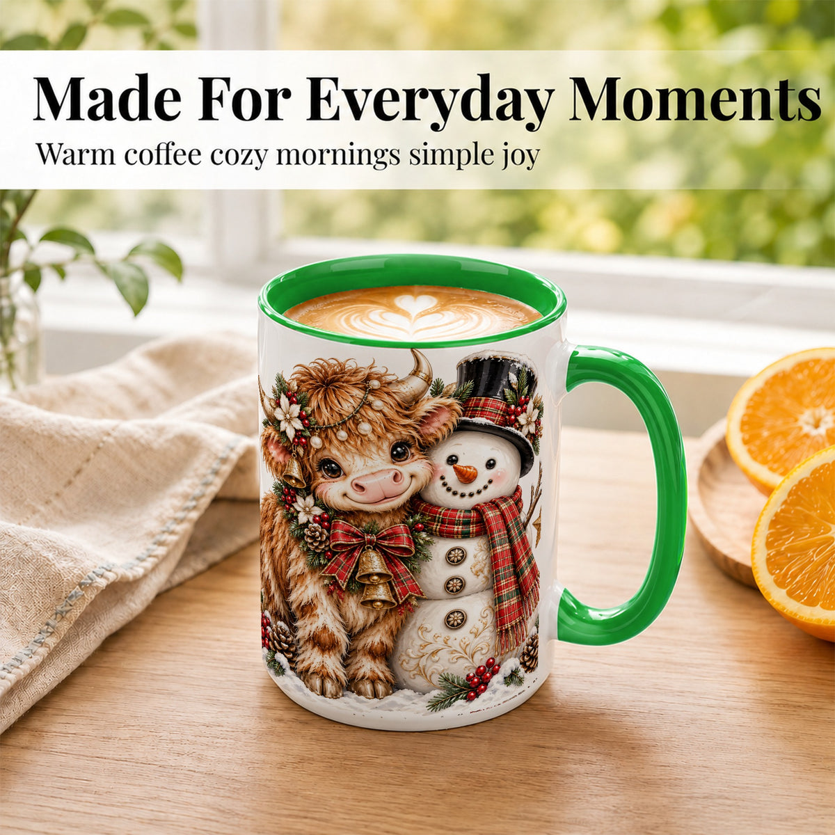 #pl[15oz|Green] Christmas Highland Cow Coffee Mug, Bell Snowman Mug, Ceramic Cup