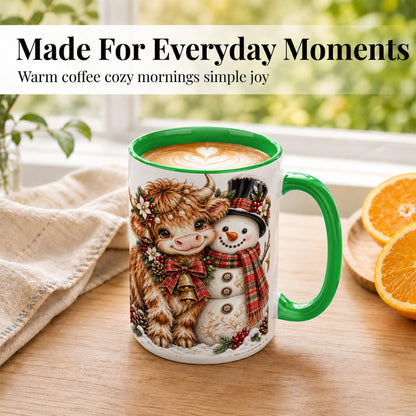 #pl[15oz|Green] Christmas Highland Cow Coffee Mug, Bell Snowman Mug, Ceramic Cup