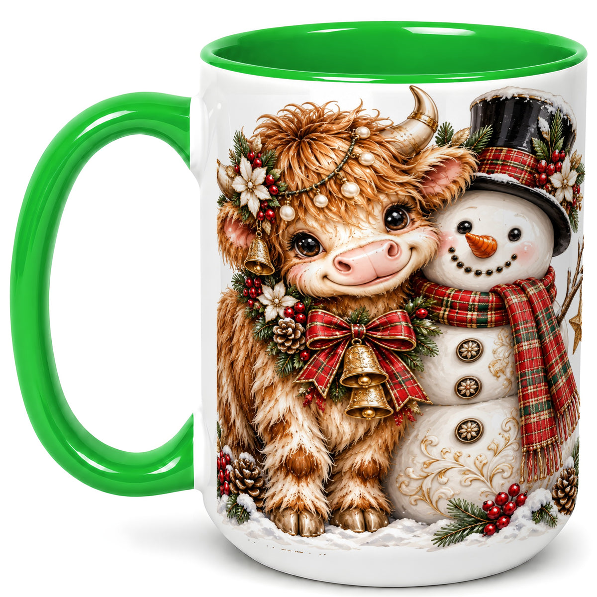 #pl[15oz|Green] Christmas Highland Cow Coffee Mug, Bell Snowman Mug, Ceramic Cup