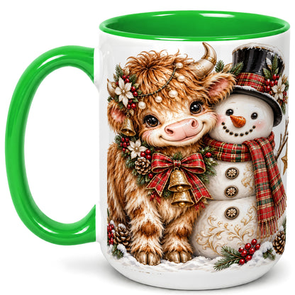 #pl[15oz|Green] Christmas Highland Cow Coffee Mug, Bell Snowman Mug, Ceramic Cup