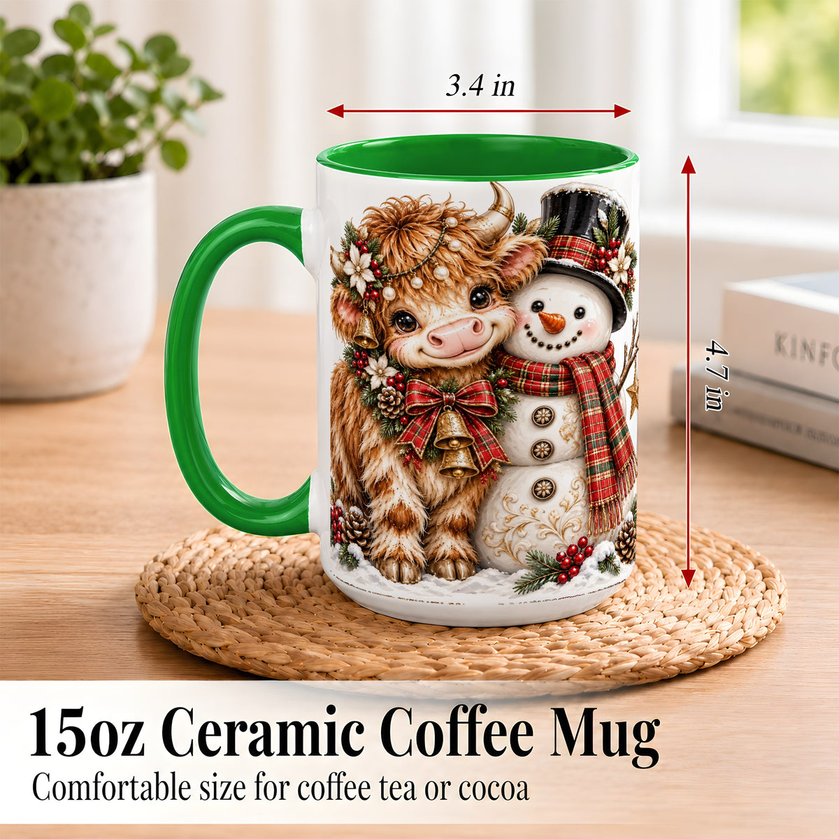 #pl[15oz|Green] Christmas Highland Cow Coffee Mug, Bell Snowman Mug, Ceramic Cup