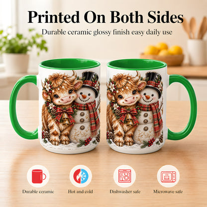 #pl[15oz|Green] Christmas Highland Cow Coffee Mug, Bell Snowman Mug, Ceramic Cup