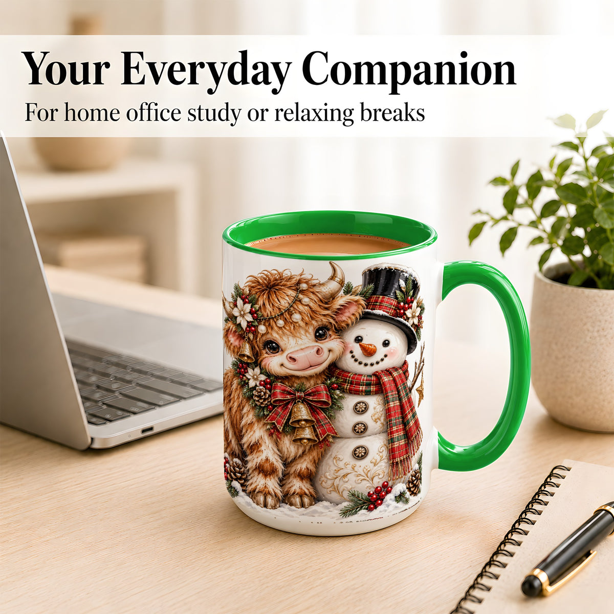#pl[15oz|Green] Christmas Highland Cow Coffee Mug, Bell Snowman Mug, Ceramic Cup