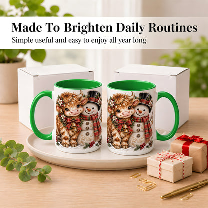 #pl[15oz|Green] Christmas Highland Cow Coffee Mug, Bell Snowman Mug, Ceramic Cup