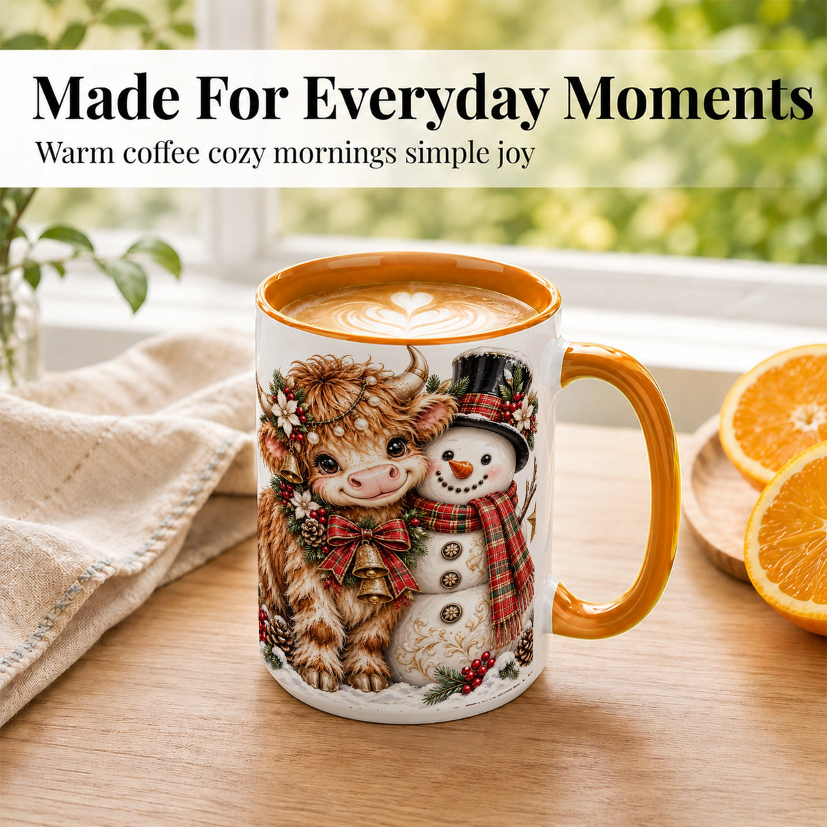#pl[15oz|Orange] Christmas Highland Cow Coffee Mug, Bell Snowman Mug, Ceramic Cup