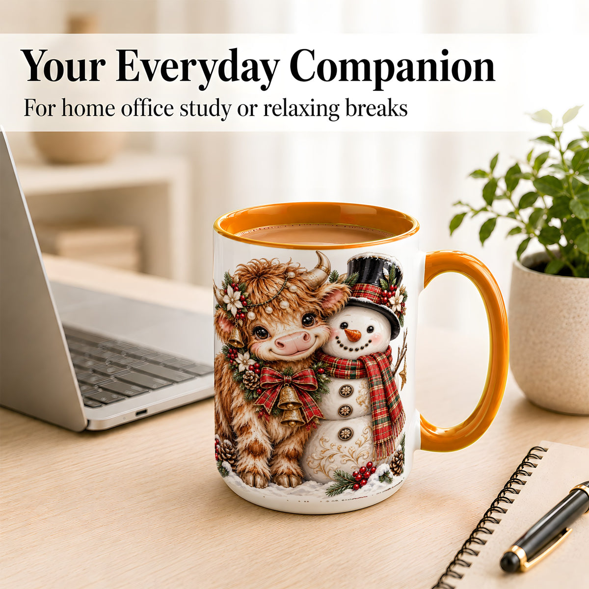 #pl[15oz|Orange] Christmas Highland Cow Coffee Mug, Bell Snowman Mug, Ceramic Cup