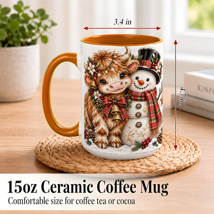 #pl[15oz|Orange] Christmas Highland Cow Coffee Mug, Bell Snowman Mug, Ceramic Cup