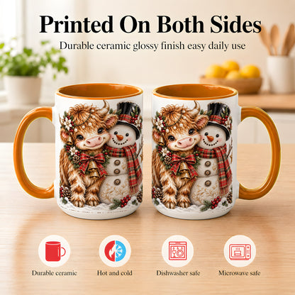 #pl[15oz|Orange] Christmas Highland Cow Coffee Mug, Bell Snowman Mug, Ceramic Cup