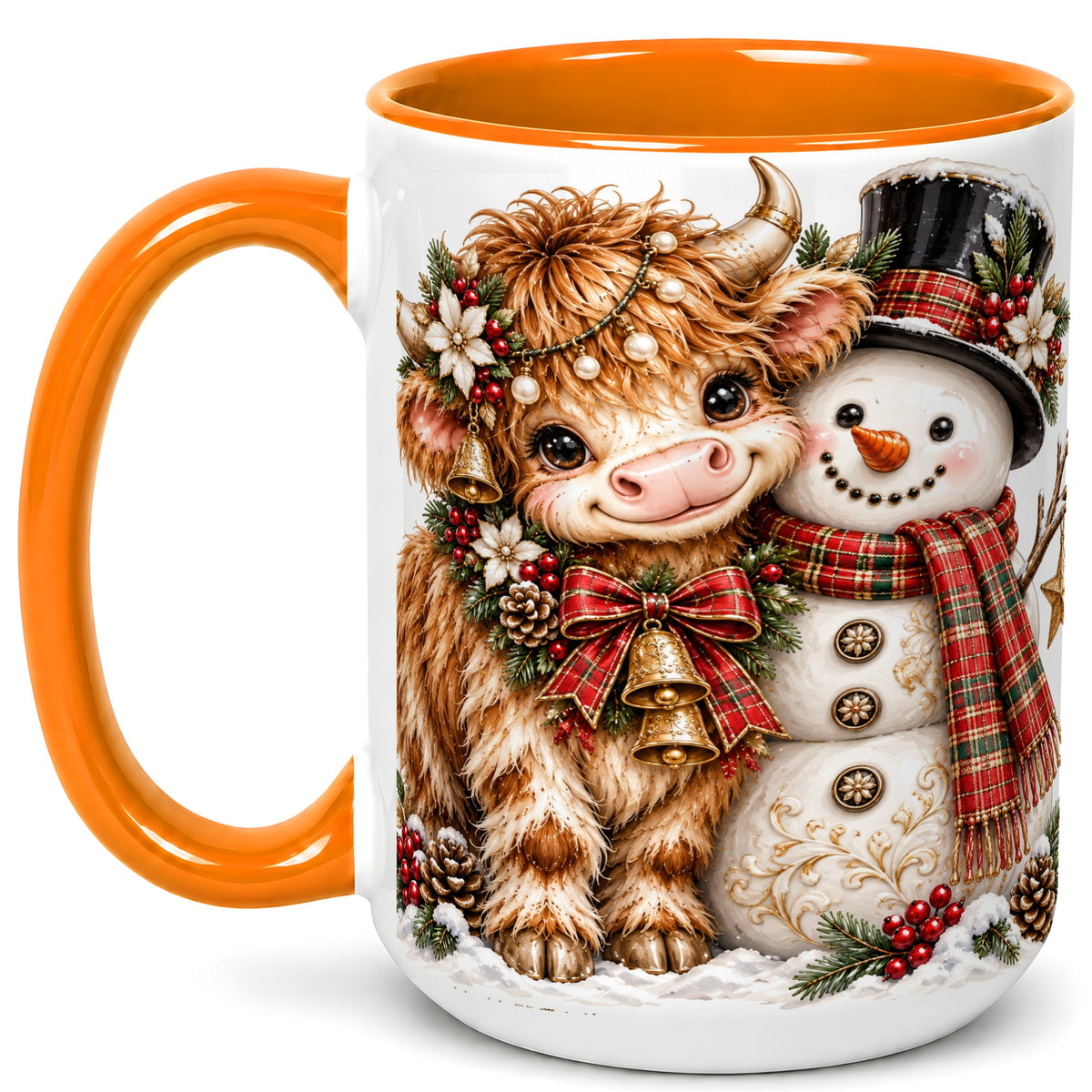 #pl[15oz|Orange] Christmas Highland Cow Coffee Mug, Bell Snowman Mug, Ceramic Cup