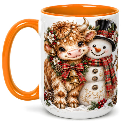 #pl[15oz|Orange] Christmas Highland Cow Coffee Mug, Bell Snowman Mug, Ceramic Cup