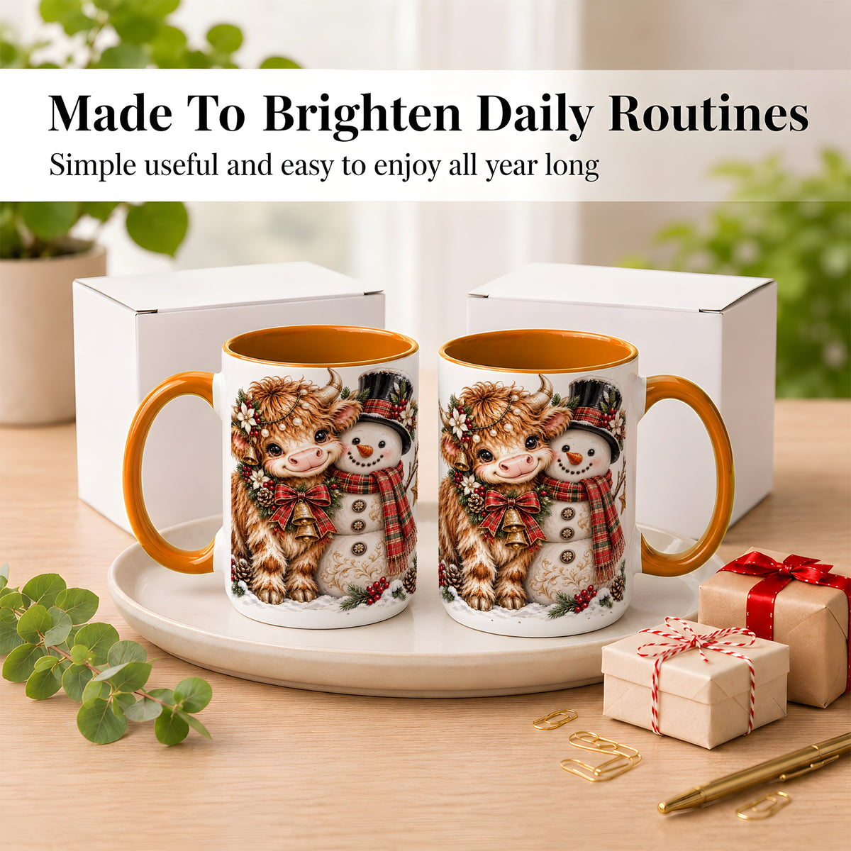 #pl[15oz|Orange] Christmas Highland Cow Coffee Mug, Bell Snowman Mug, Ceramic Cup