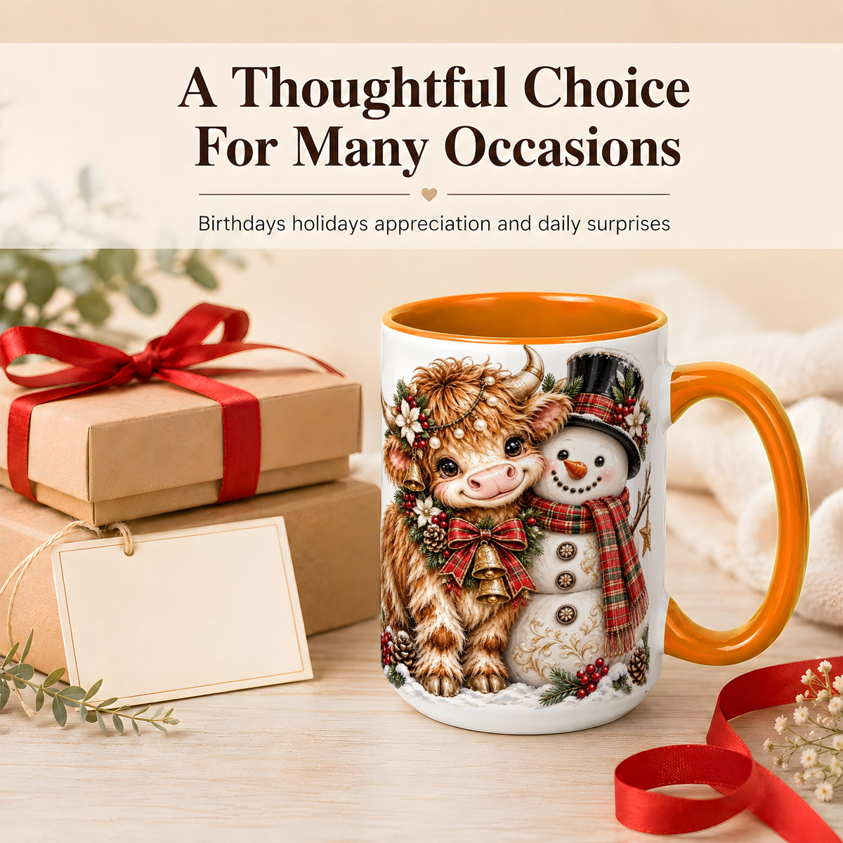 #pl[15oz|Orange] Christmas Highland Cow Coffee Mug, Bell Snowman Mug, Ceramic Cup
