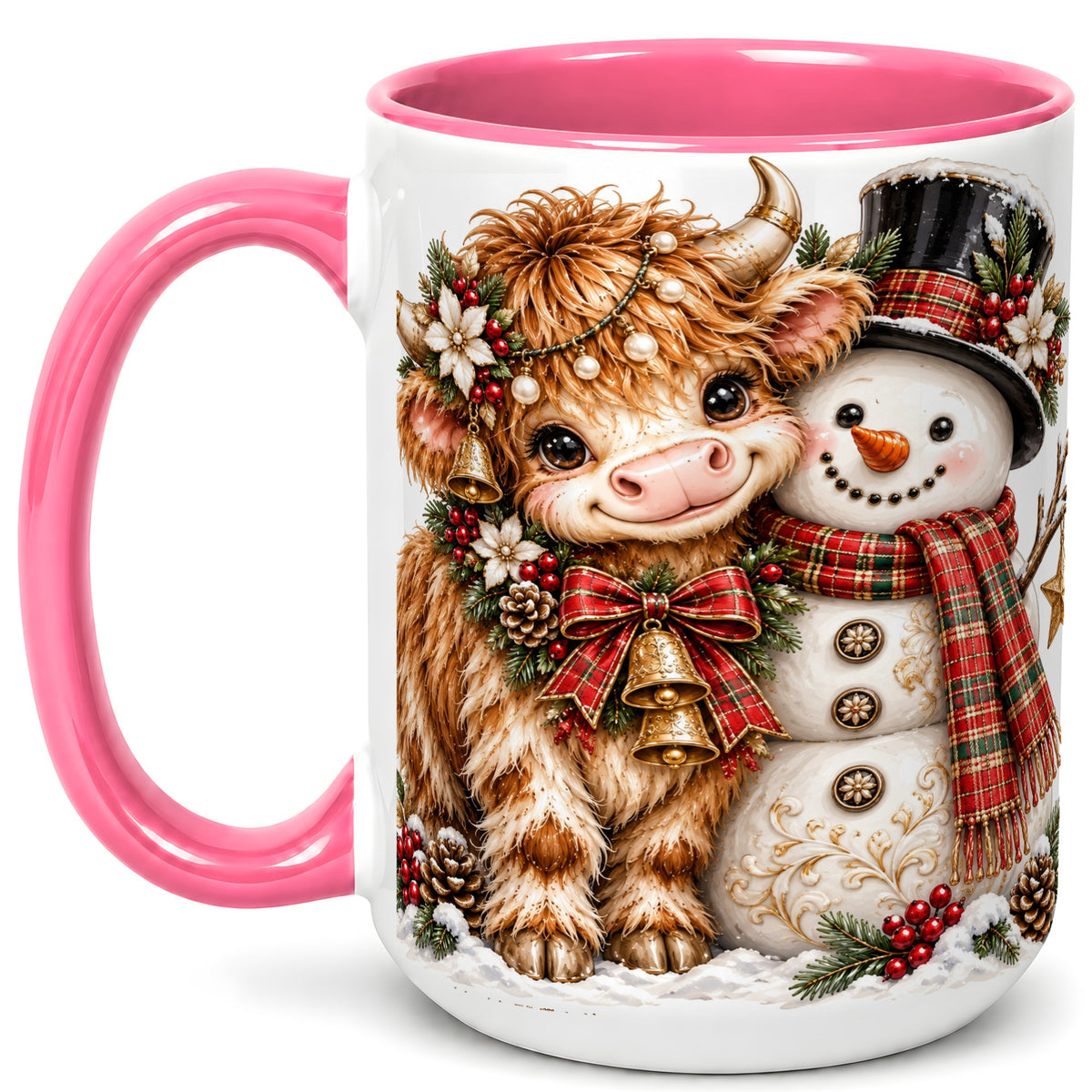 #pl[15oz|Pink] Christmas Highland Cow Coffee Mug, Bell Snowman Mug, Ceramic Cup