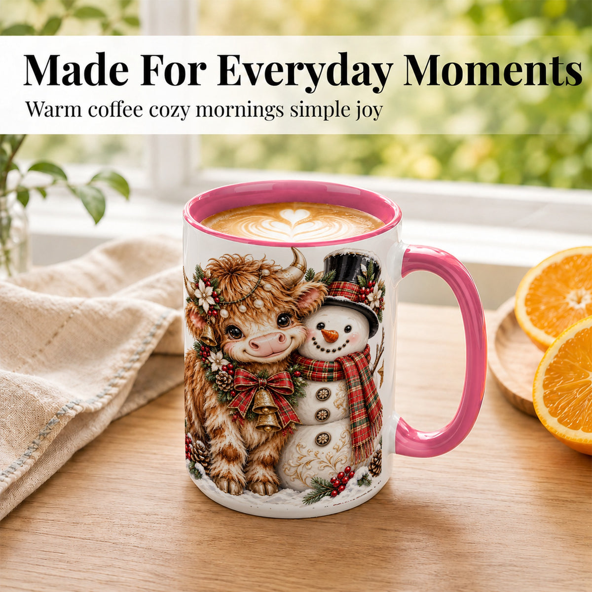 #pl[15oz|Pink] Christmas Highland Cow Coffee Mug, Bell Snowman Mug, Ceramic Cup