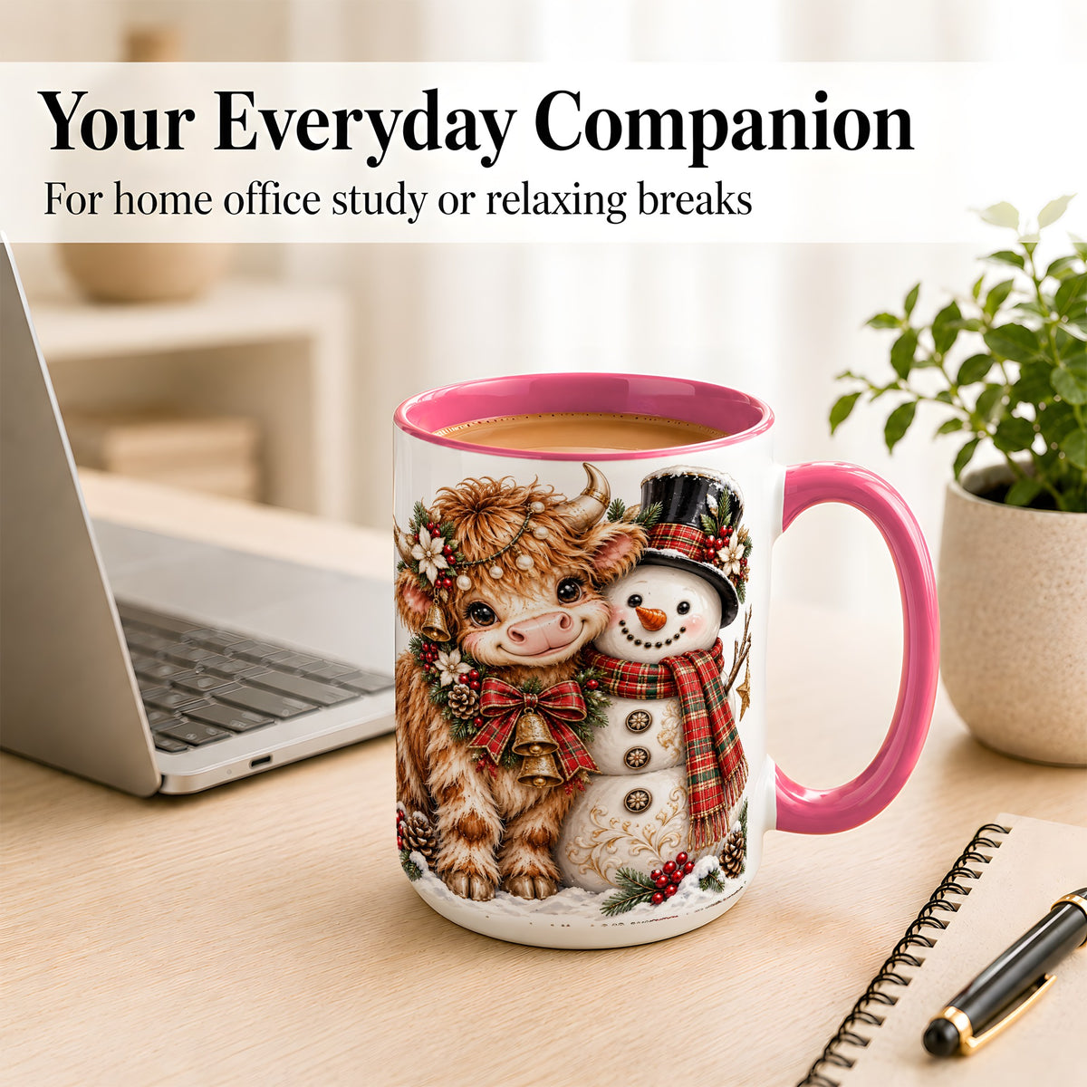 #pl[15oz|Pink] Christmas Highland Cow Coffee Mug, Bell Snowman Mug, Ceramic Cup