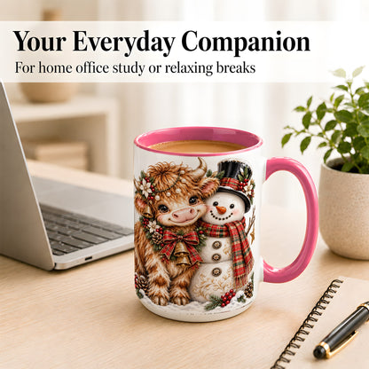 #pl[15oz|Pink] Christmas Highland Cow Coffee Mug, Bell Snowman Mug, Ceramic Cup