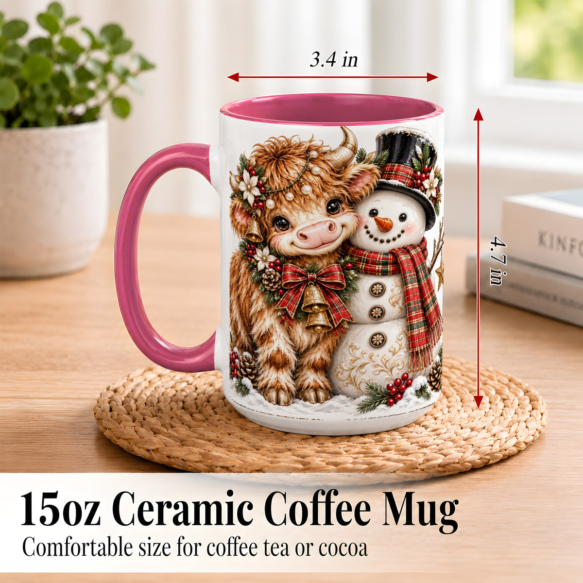 #pl[15oz|Pink] Christmas Highland Cow Coffee Mug, Bell Snowman Mug, Ceramic Cup
