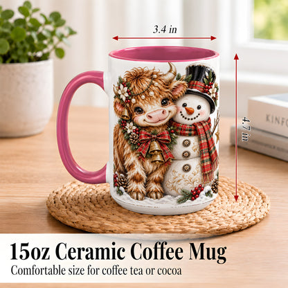 #pl[15oz|Pink] Christmas Highland Cow Coffee Mug, Bell Snowman Mug, Ceramic Cup