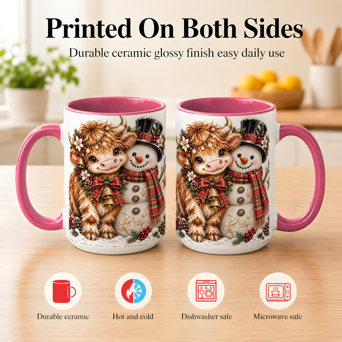 #pl[15oz|Pink] Christmas Highland Cow Coffee Mug, Bell Snowman Mug, Ceramic Cup