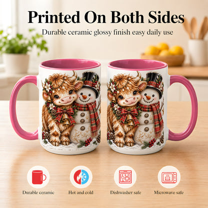 #pl[15oz|Pink] Christmas Highland Cow Coffee Mug, Bell Snowman Mug, Ceramic Cup