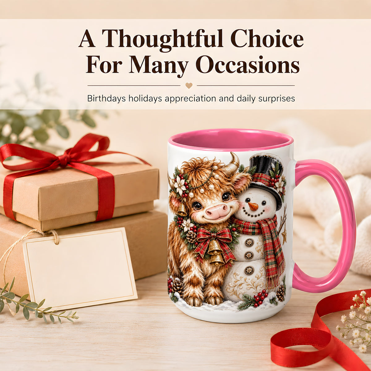#pl[15oz|Pink] Christmas Highland Cow Coffee Mug, Bell Snowman Mug, Ceramic Cup