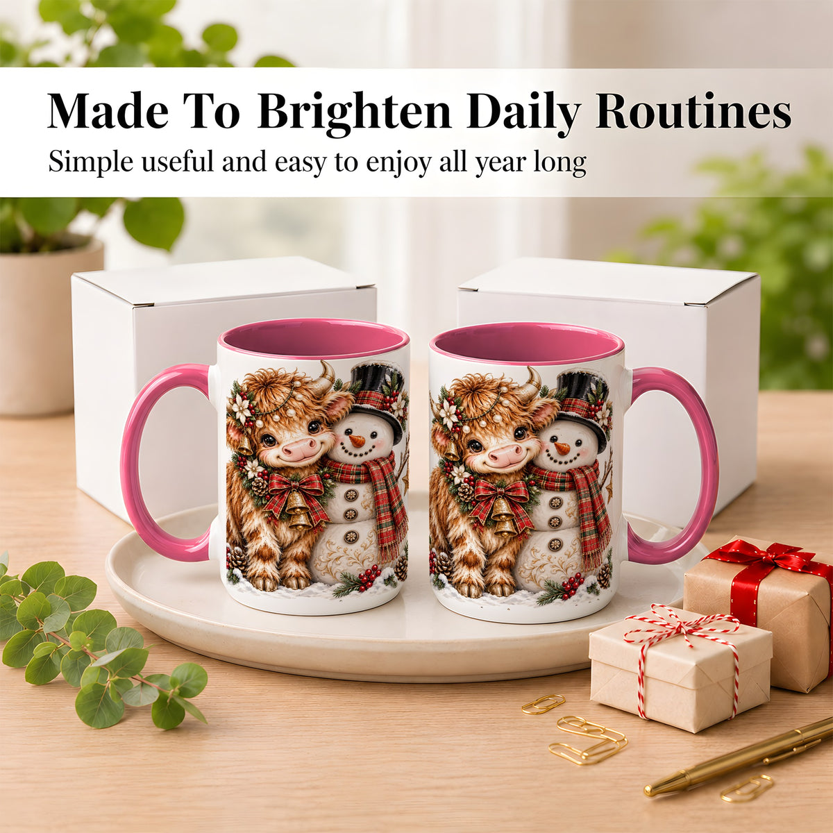 #pl[15oz|Pink] Christmas Highland Cow Coffee Mug, Bell Snowman Mug, Ceramic Cup