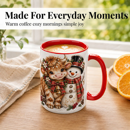 #pl[15oz|Red] Christmas Highland Cow Coffee Mug, Bell Snowman Mug, Ceramic Cup