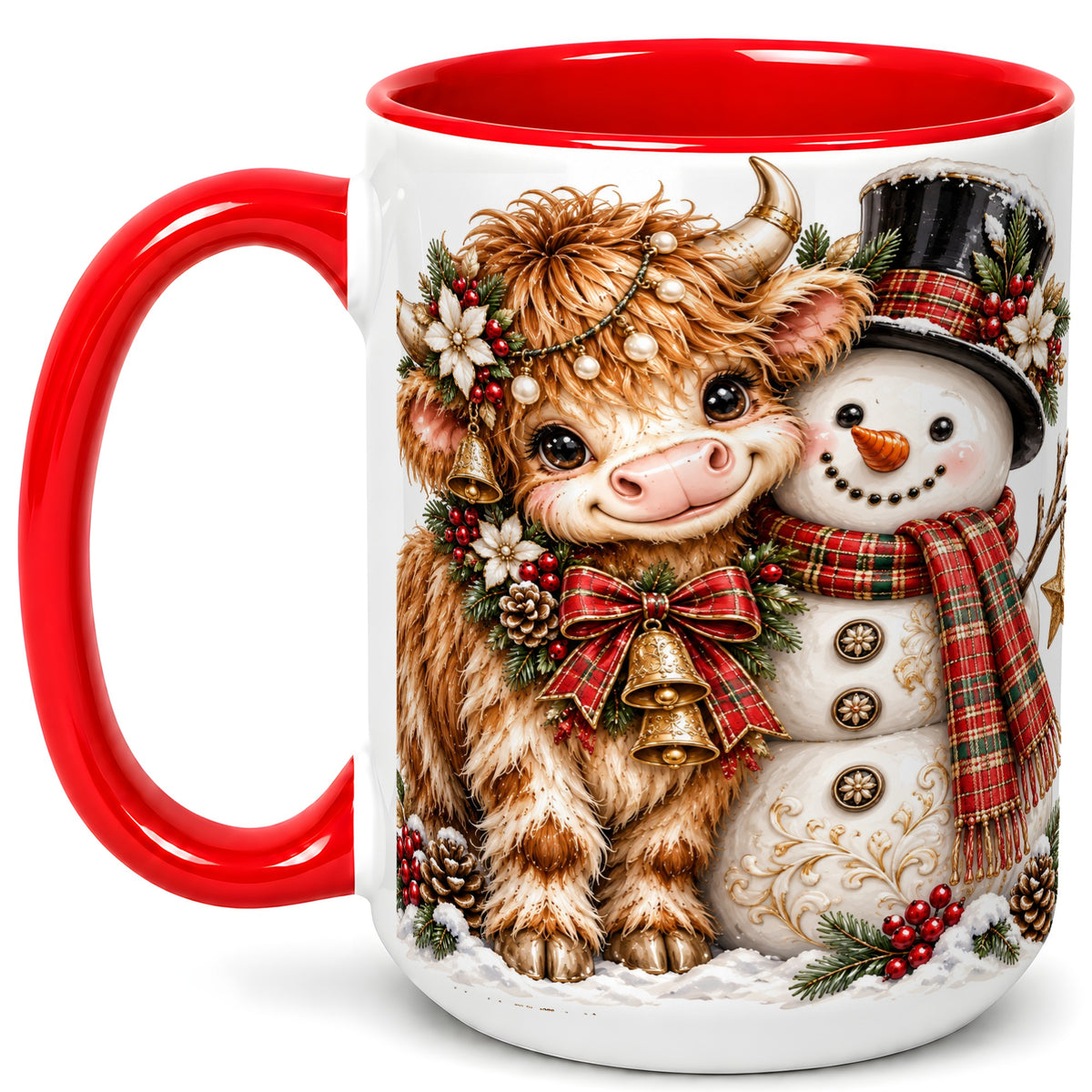 #pl[15oz|Red] Christmas Highland Cow Coffee Mug, Bell Snowman Mug, Ceramic Cup