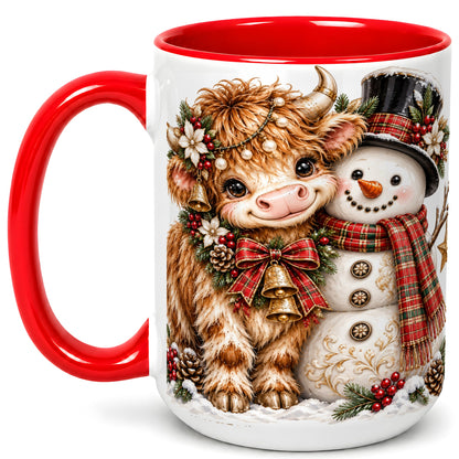 #pl[15oz|Red] Christmas Highland Cow Coffee Mug, Bell Snowman Mug, Ceramic Cup