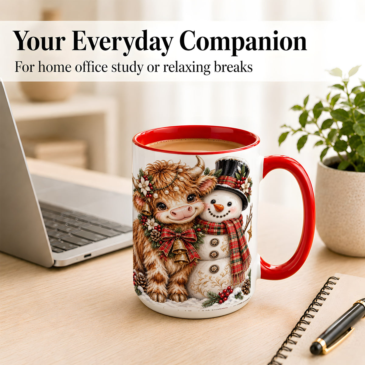 #pl[15oz|Red] Christmas Highland Cow Coffee Mug, Bell Snowman Mug, Ceramic Cup