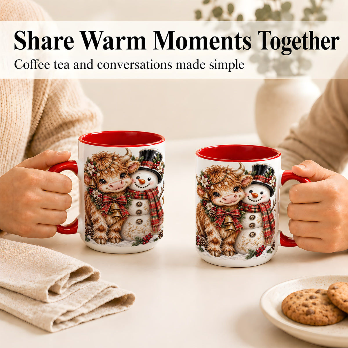 #pl[15oz|Red] Christmas Highland Cow Coffee Mug, Bell Snowman Mug, Ceramic Cup