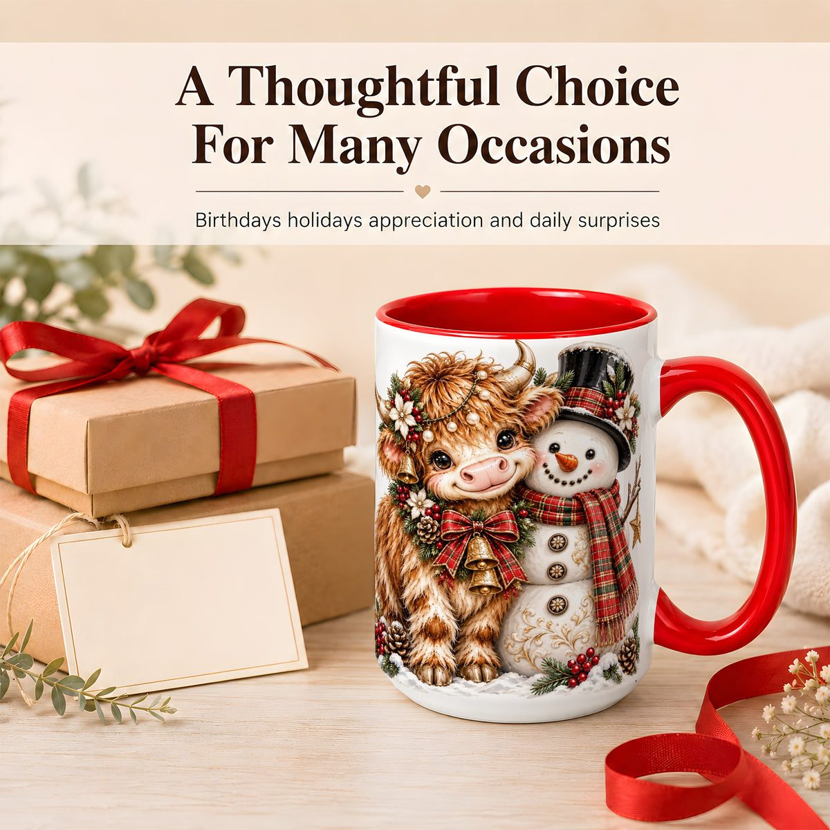 #pl[15oz|Red] Christmas Highland Cow Coffee Mug, Bell Snowman Mug, Ceramic Cup