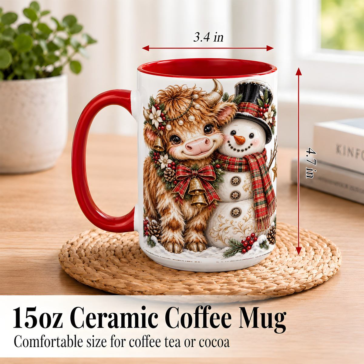 #pl[15oz|Red] Christmas Highland Cow Coffee Mug, Bell Snowman Mug, Ceramic Cup