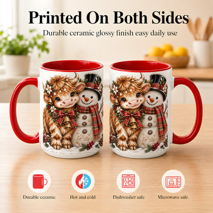 #pl[15oz|Red] Christmas Highland Cow Coffee Mug, Bell Snowman Mug, Ceramic Cup