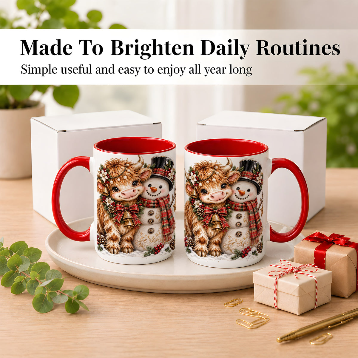 #pl[15oz|Red] Christmas Highland Cow Coffee Mug, Bell Snowman Mug, Ceramic Cup