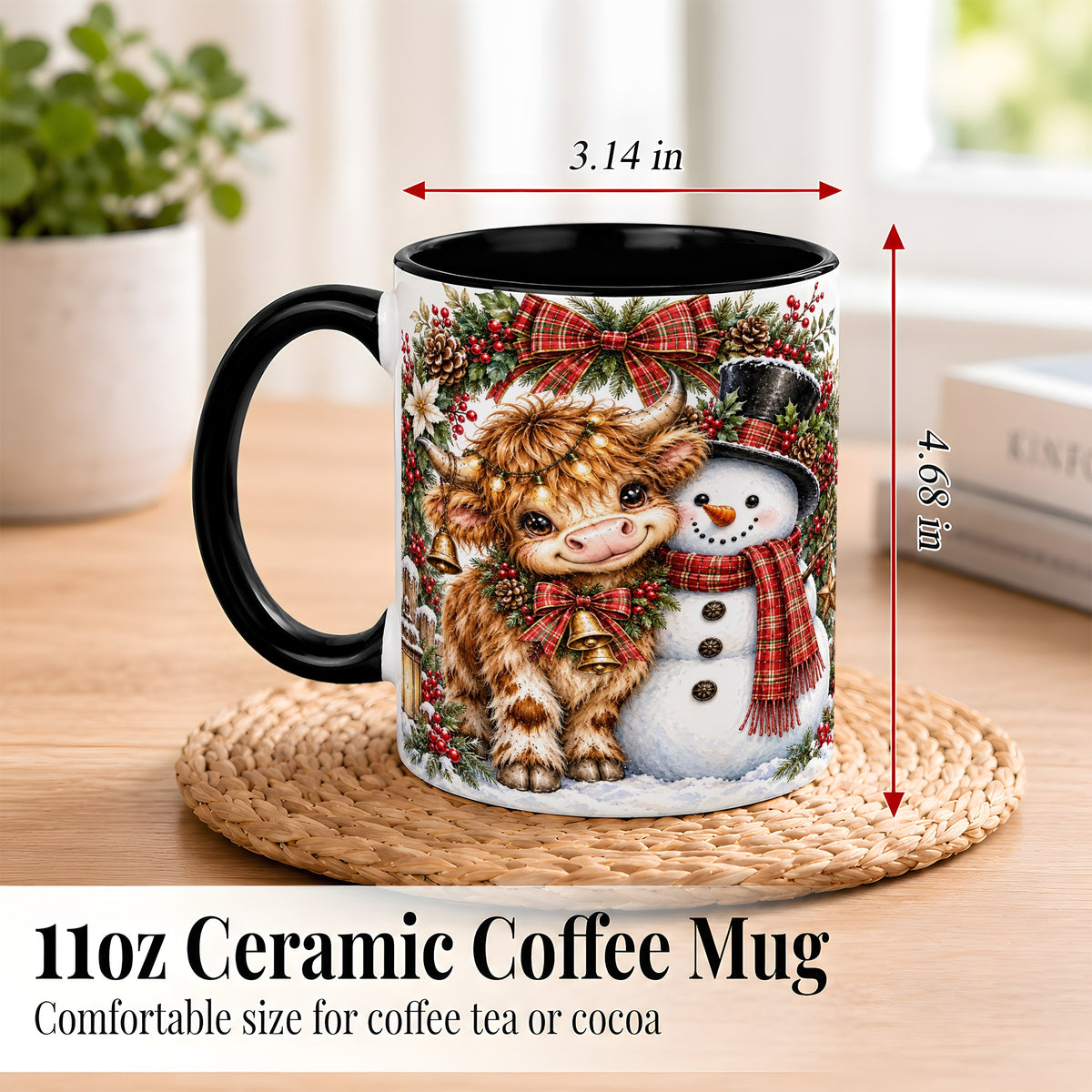 #pl[11oz|Black] Watercolor Highland Cow Coffee Mug, Snowman Mug, Ceramic Cup