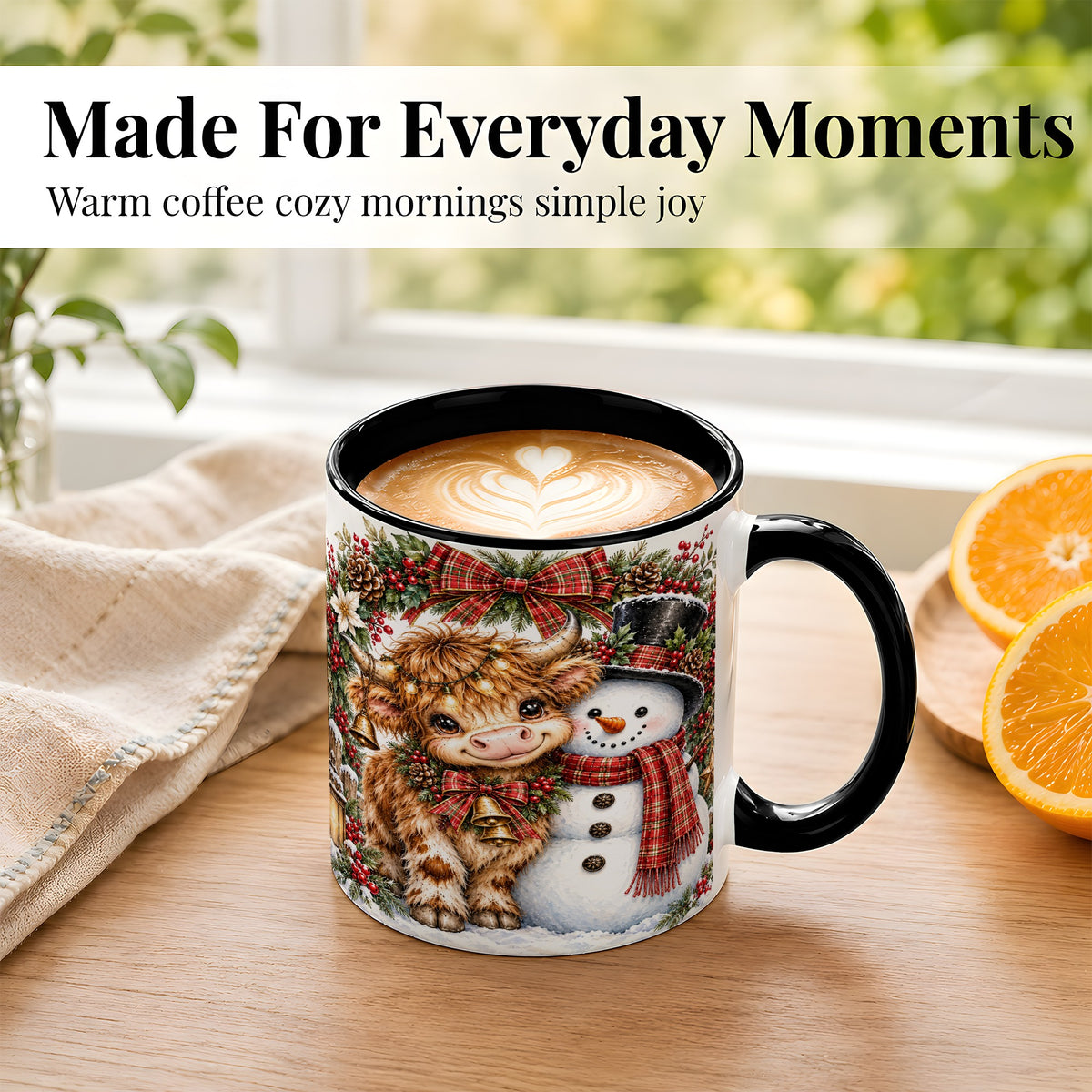 #pl[11oz|Black] Watercolor Highland Cow Coffee Mug, Snowman Mug, Ceramic Cup