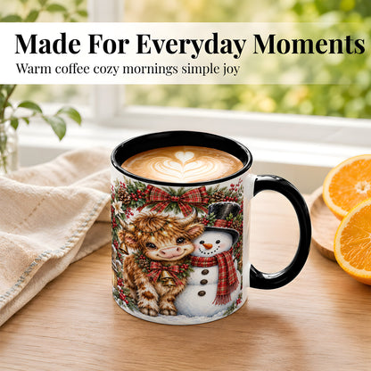 #pl[11oz|Black] Watercolor Highland Cow Coffee Mug, Snowman Mug, Ceramic Cup