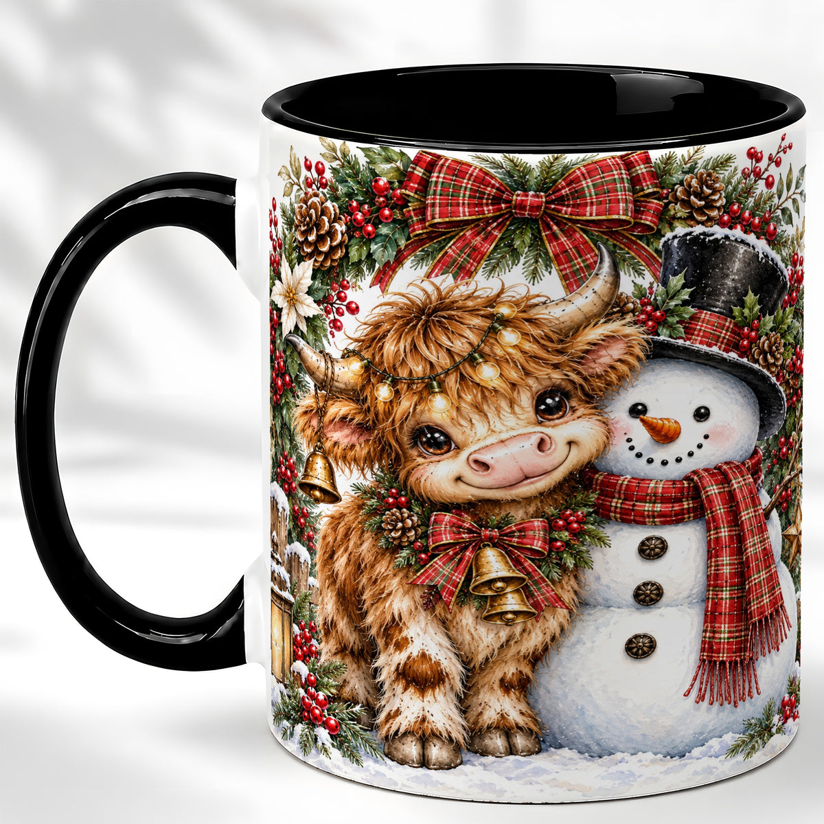 #pl[11oz|Black] Watercolor Highland Cow Coffee Mug, Snowman Mug, Ceramic Cup