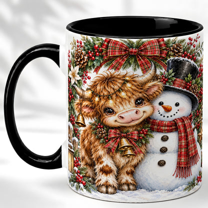 #pl[11oz|Black] Watercolor Highland Cow Coffee Mug, Snowman Mug, Ceramic Cup