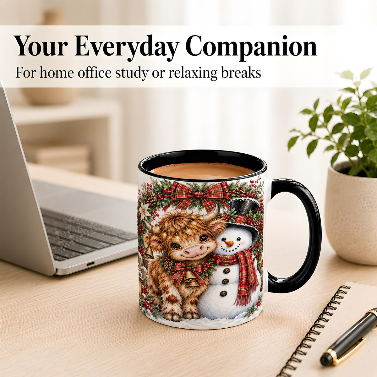 #pl[11oz|Black] Watercolor Highland Cow Coffee Mug, Snowman Mug, Ceramic Cup