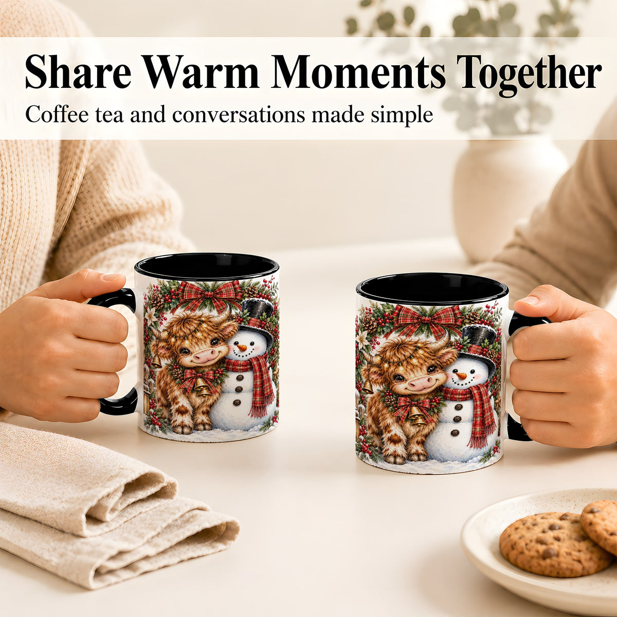 #pl[11oz|Black] Watercolor Highland Cow Coffee Mug, Snowman Mug, Ceramic Cup