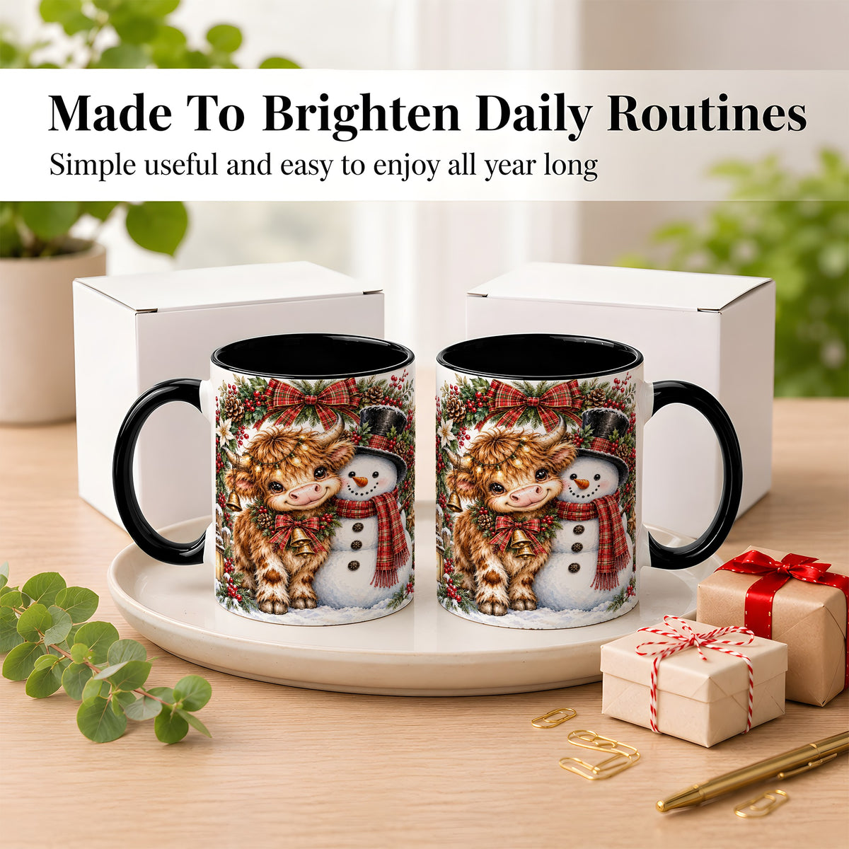 #pl[11oz|Black] Watercolor Highland Cow Coffee Mug, Snowman Mug, Ceramic Cup